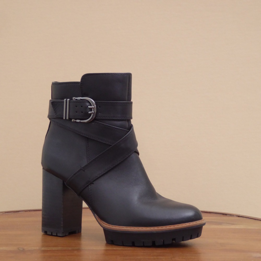 Naturalizer Women Lyra Ankle Boots Black Leather Buckle Platform Block Heel 7.5M